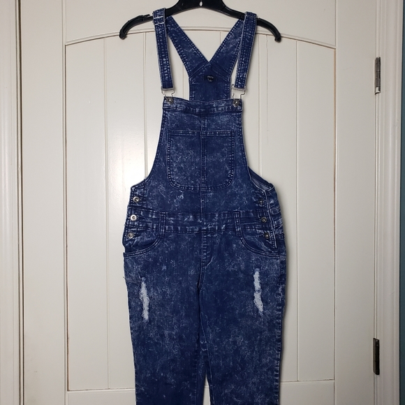 Chiqle Junior's Distressed Acid Wash Denim Overalls Large - Picture 7 of 13